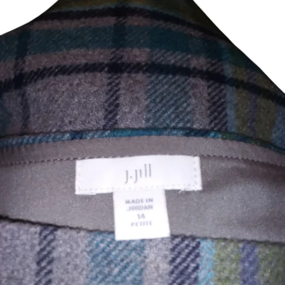 J Jill Plaid & Fringed Skirt Grey Blue Green Size 14P Lined - Picture 8 of 9